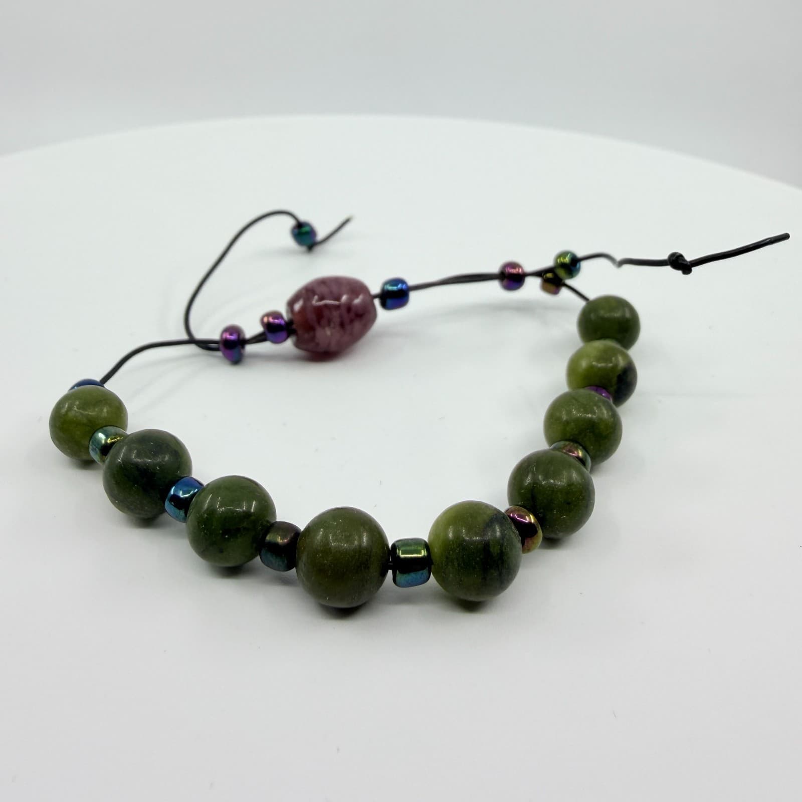 Vintage Boho Green Faux Jade Nephrite Beaded Bracelet Iridescent Accents Cord - Thumbnail 2