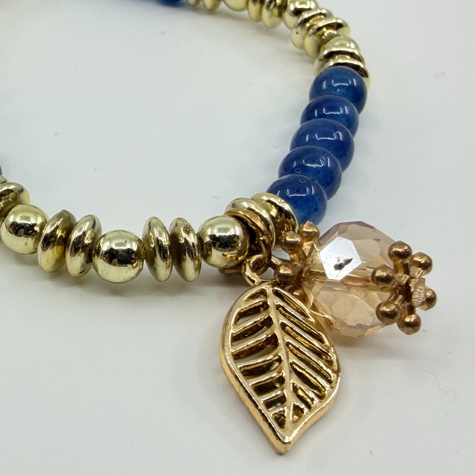 VTG Boho Blue Quartz Gold Tone Beaded Stretch Bracelet Cut Glass Leaf Charm - Thumbnail 3