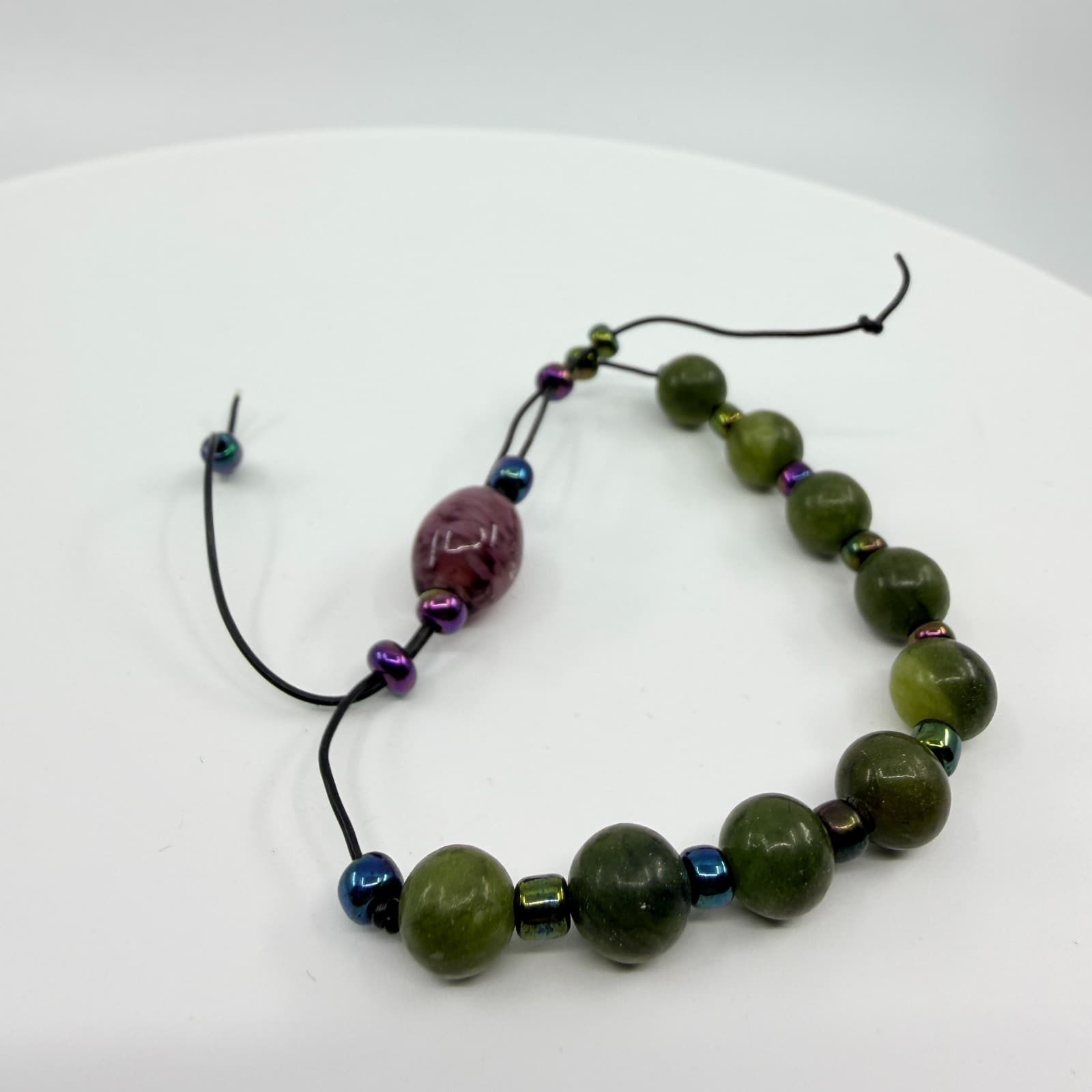 Vintage Boho Green Faux Jade Nephrite Beaded Bracelet Iridescent Accents Cord - Thumbnail 4