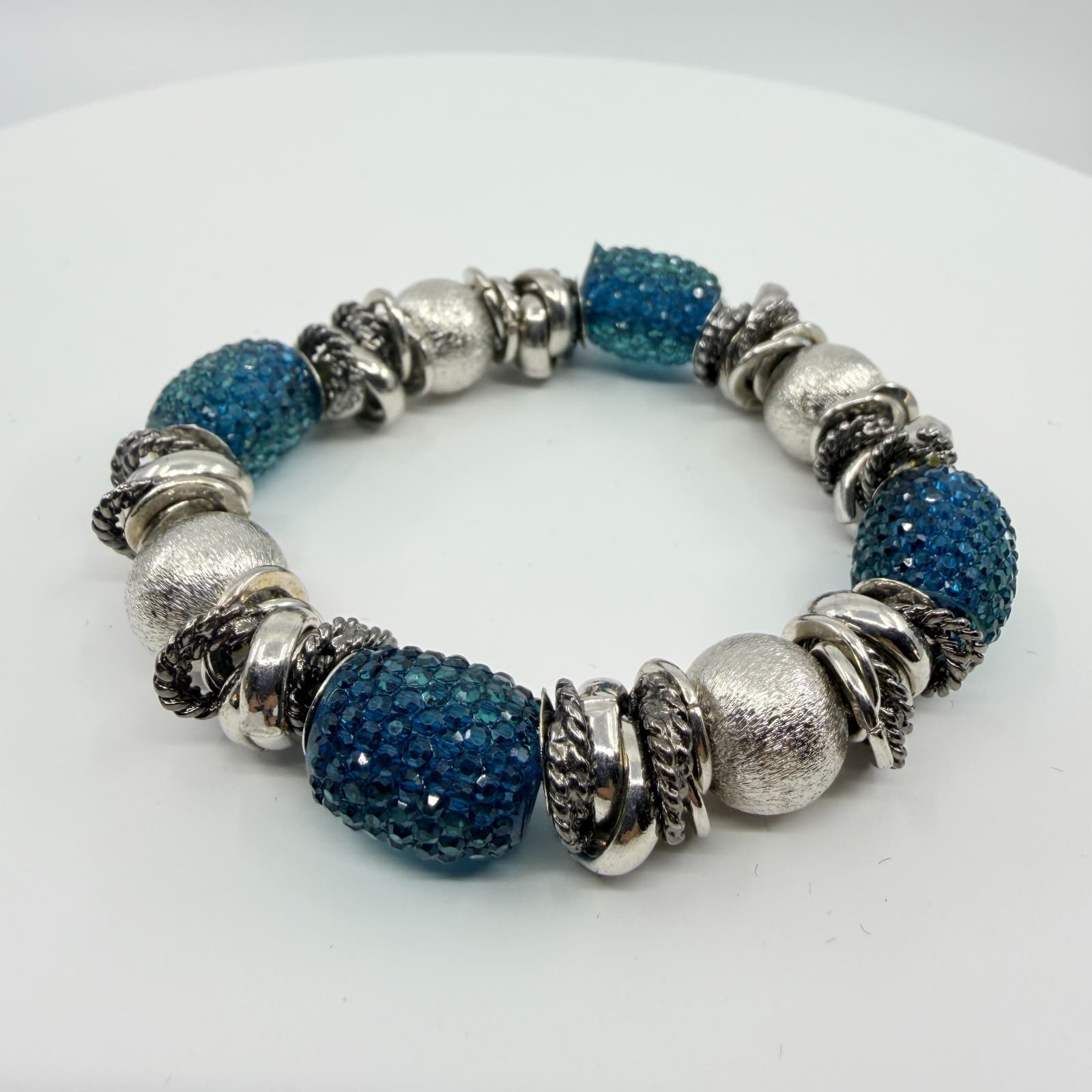 VTG Chunky Silver Tone Blue Crystal Bead Stretch Bracelet Statement Stackable - Thumbnail 3