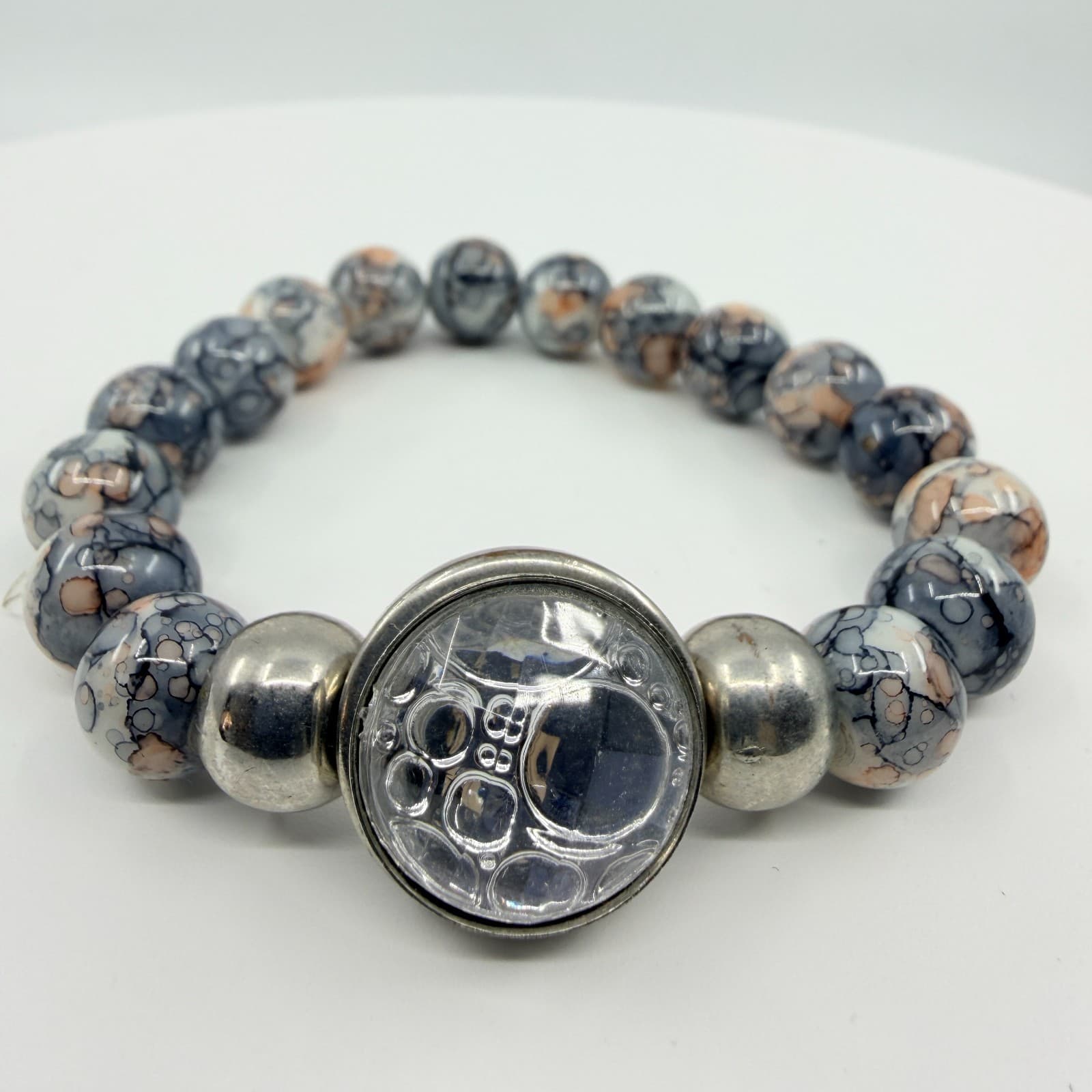 Vintage Boho Gray Ink Splatter Agate Glass Snap Charm Stretch Beaded Bracelet - Thumbnail 3