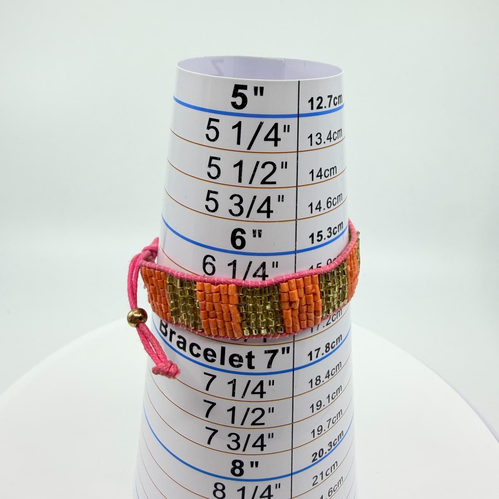 VTG Loom Seed Bead Cuff Bracelet Orange Gold Tone Metallic Pink Adjustable Cord - Thumbnail 8