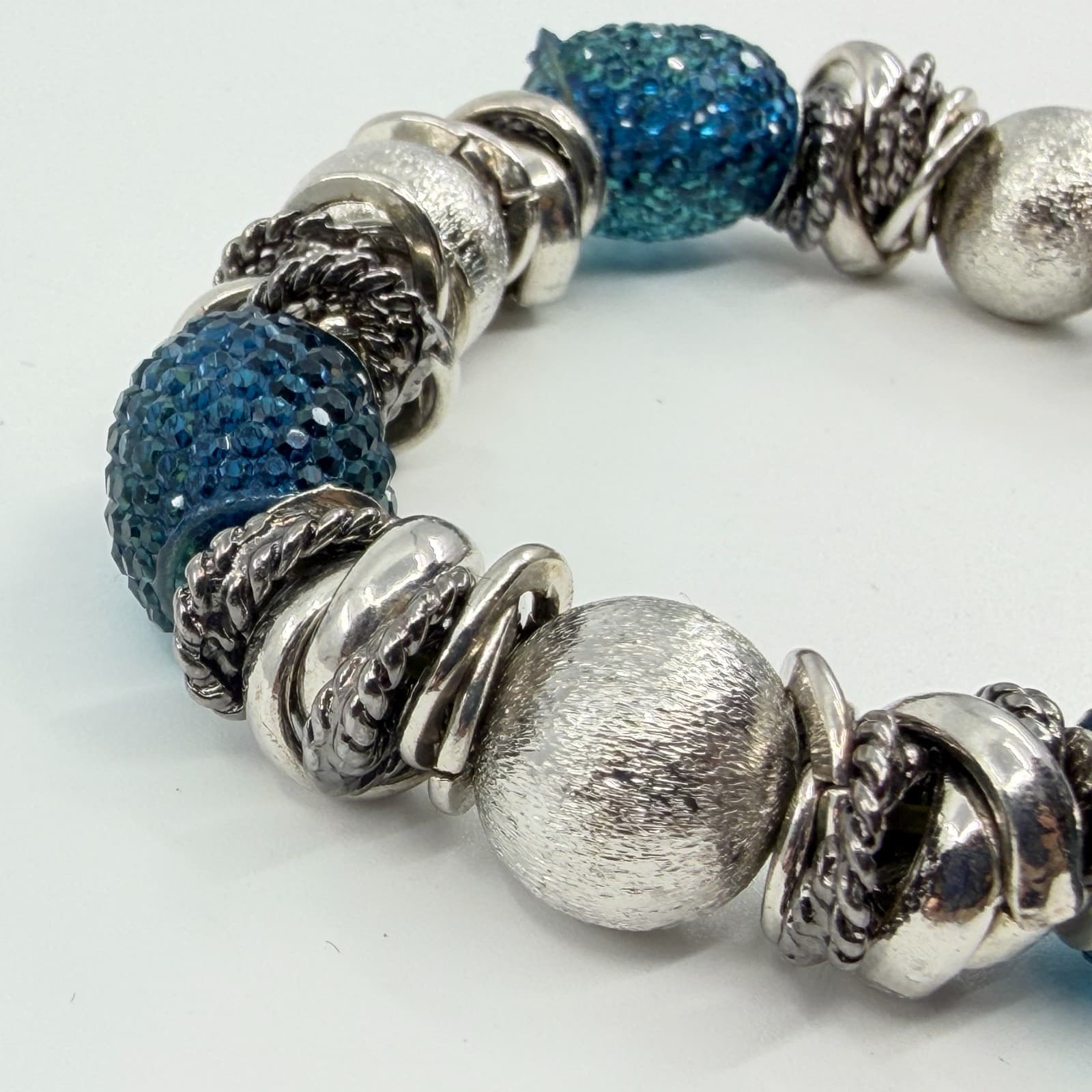 VTG Chunky Silver Tone Blue Crystal Bead Stretch Bracelet Statement Stackable - Thumbnail 6