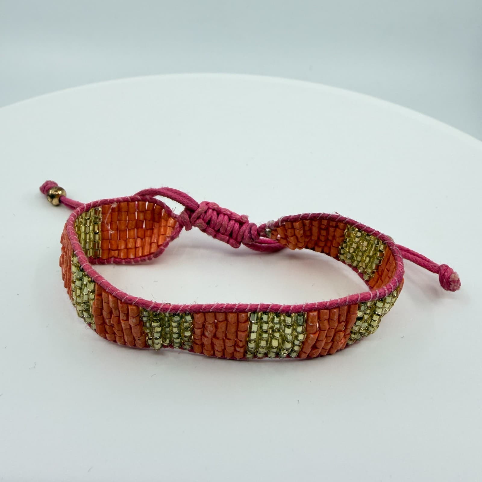 VTG Loom Seed Bead Cuff Bracelet Orange Gold Tone Metallic Pink Adjustable Cord - Thumbnail 2