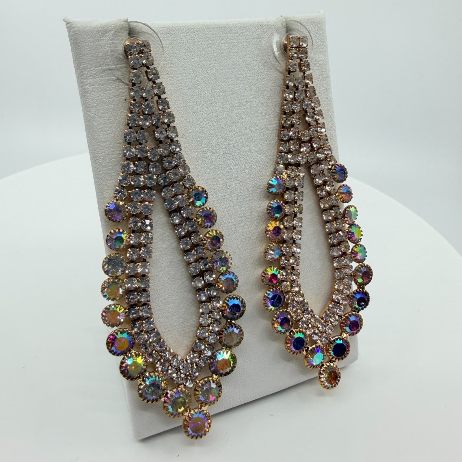 Vintage Aurora Borealis Rhinestone Chandelier Statement Earrings Gold Tone Y2K - Thumbnail 2