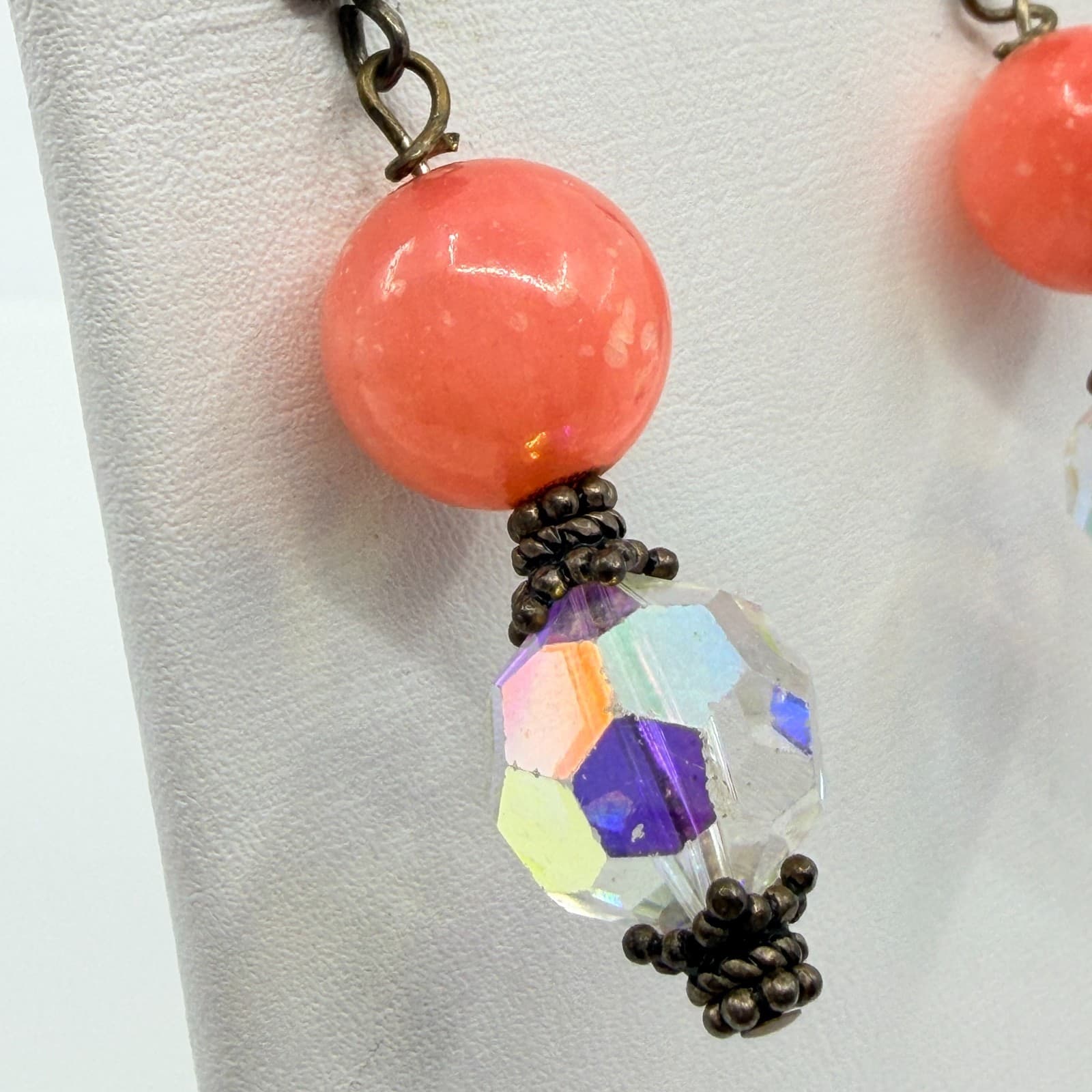 Vintage Retro Coral Pink AB Crystal Dangle Earrings Bronze Tone Rose Studs 80s - Thumbnail 7