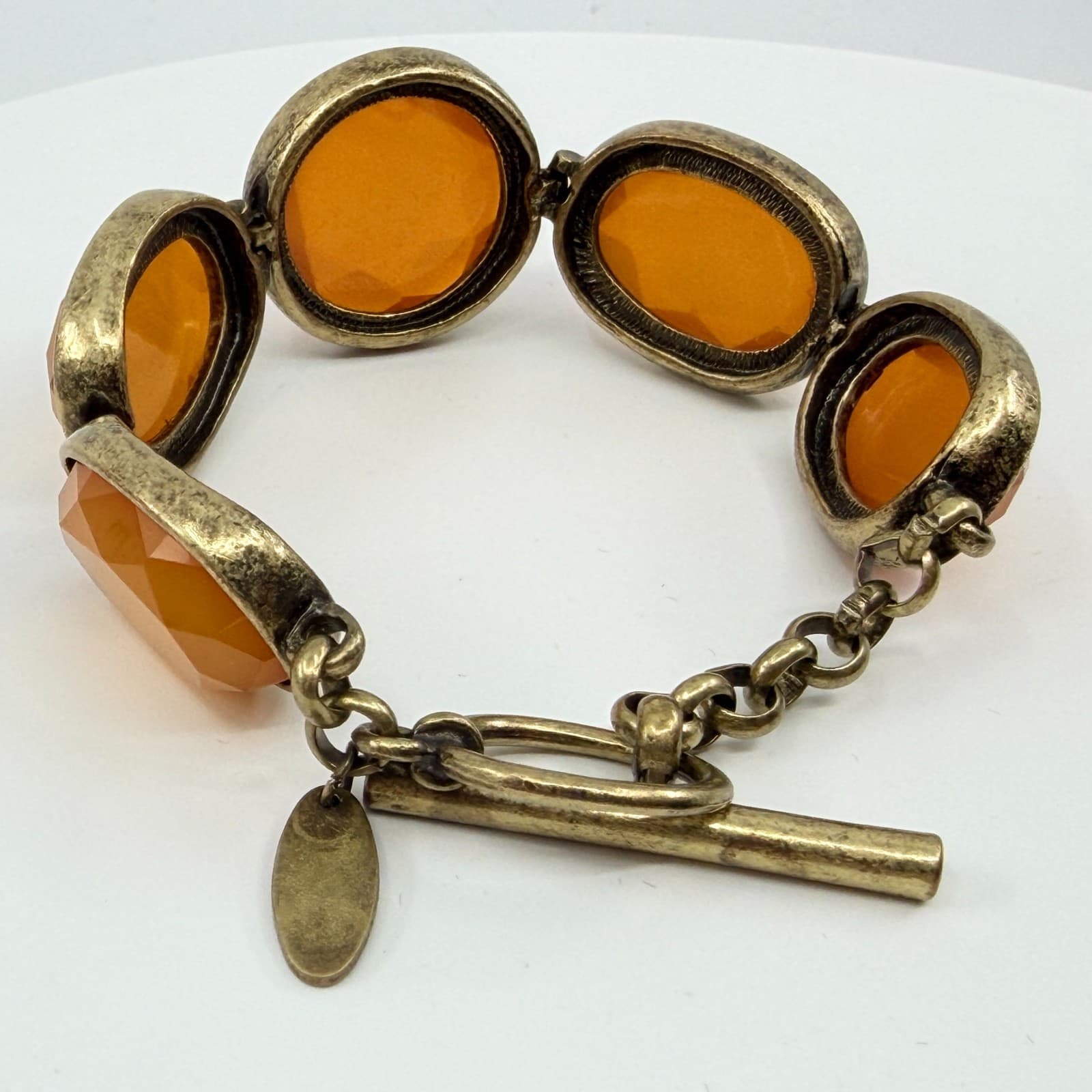 Vintage Antique Brass Tone Orange Faceted Resin Carnelian Style Toggle Bracelet - Thumbnail 5