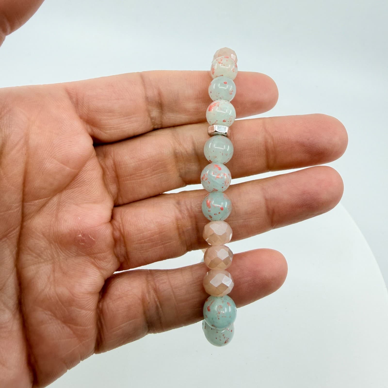 Vintage Y2K Mint Green Speckled Peach Beaded Stretch Bracelet Boho Coastal Style - Thumbnail 8