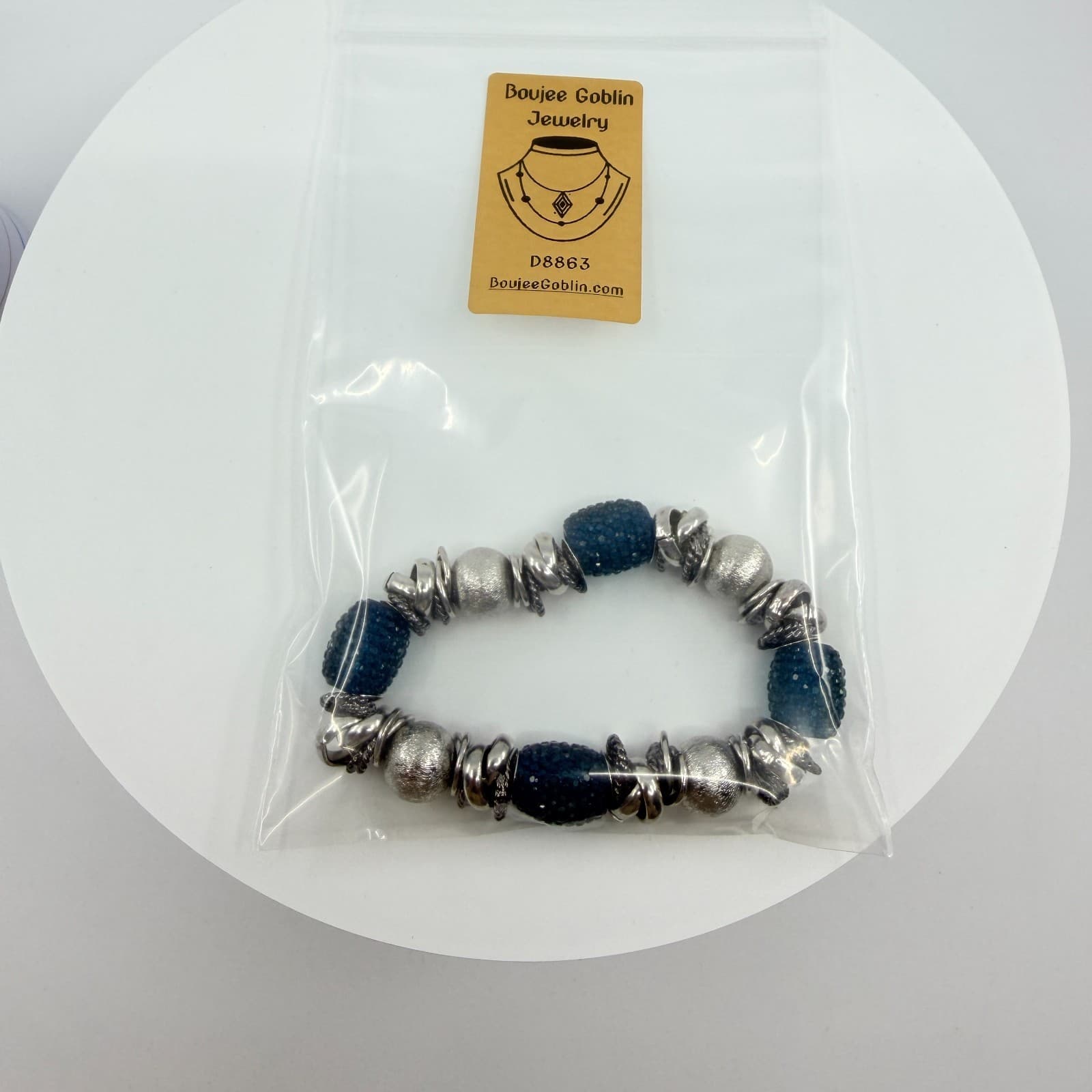 VTG Chunky Silver Tone Blue Crystal Bead Stretch Bracelet Statement Stackable - Thumbnail 9