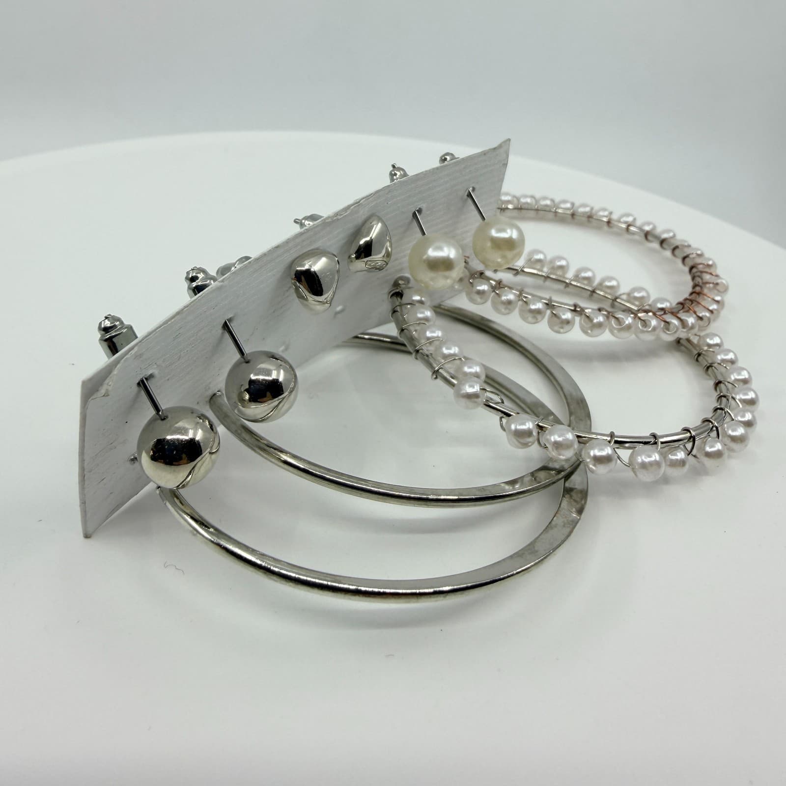 Vintage Y2K Silver Tone Faux Pearl Hoop Stud Earrings Set Multi Pack 4 Pairs - Thumbnail 3