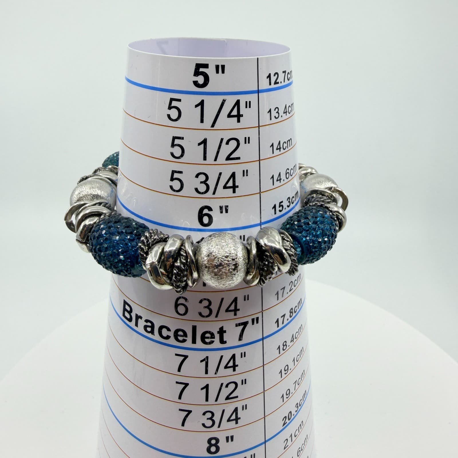 VTG Chunky Silver Tone Blue Crystal Bead Stretch Bracelet Statement Stackable - Thumbnail 8