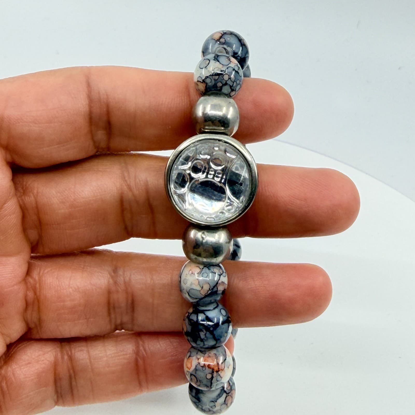 Vintage Boho Gray Ink Splatter Agate Glass Snap Charm Stretch Beaded Bracelet - Thumbnail 8