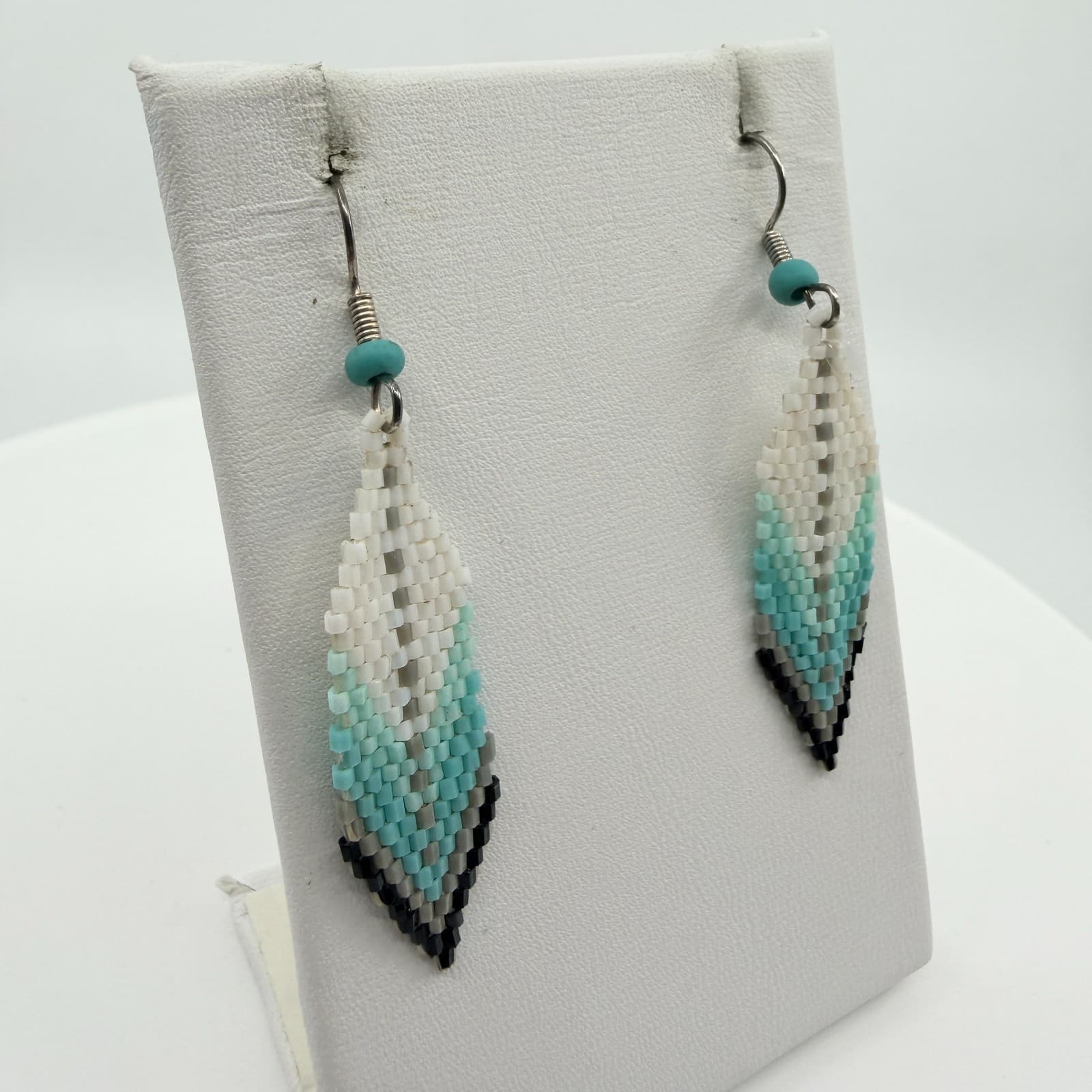 Vintage Southwestern Teal Seed Bead Dangle Earrings Boho Leaf Drop Chevron Retro - Thumbnail 2