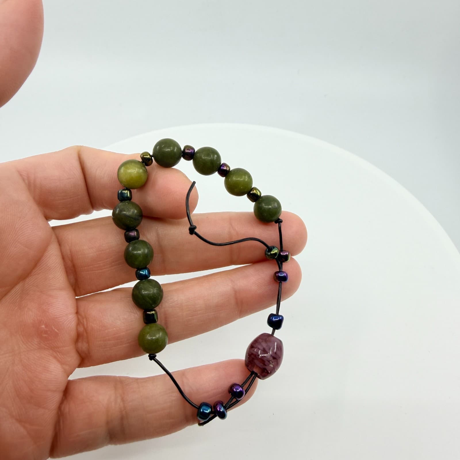 Vintage Boho Green Faux Jade Nephrite Beaded Bracelet Iridescent Accents Cord - Thumbnail 7