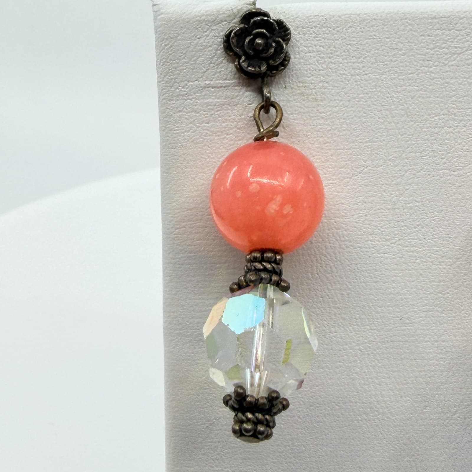 Vintage Retro Coral Pink AB Crystal Dangle Earrings Bronze Tone Rose Studs 80s - Thumbnail 6