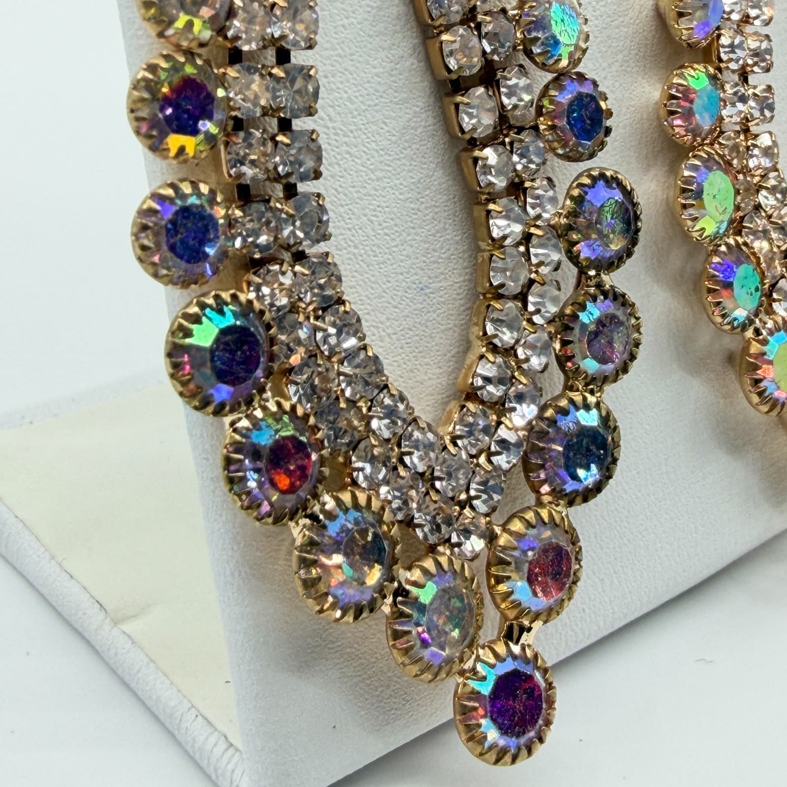 Vintage Aurora Borealis Rhinestone Chandelier Statement Earrings Gold Tone Y2K - Thumbnail 8