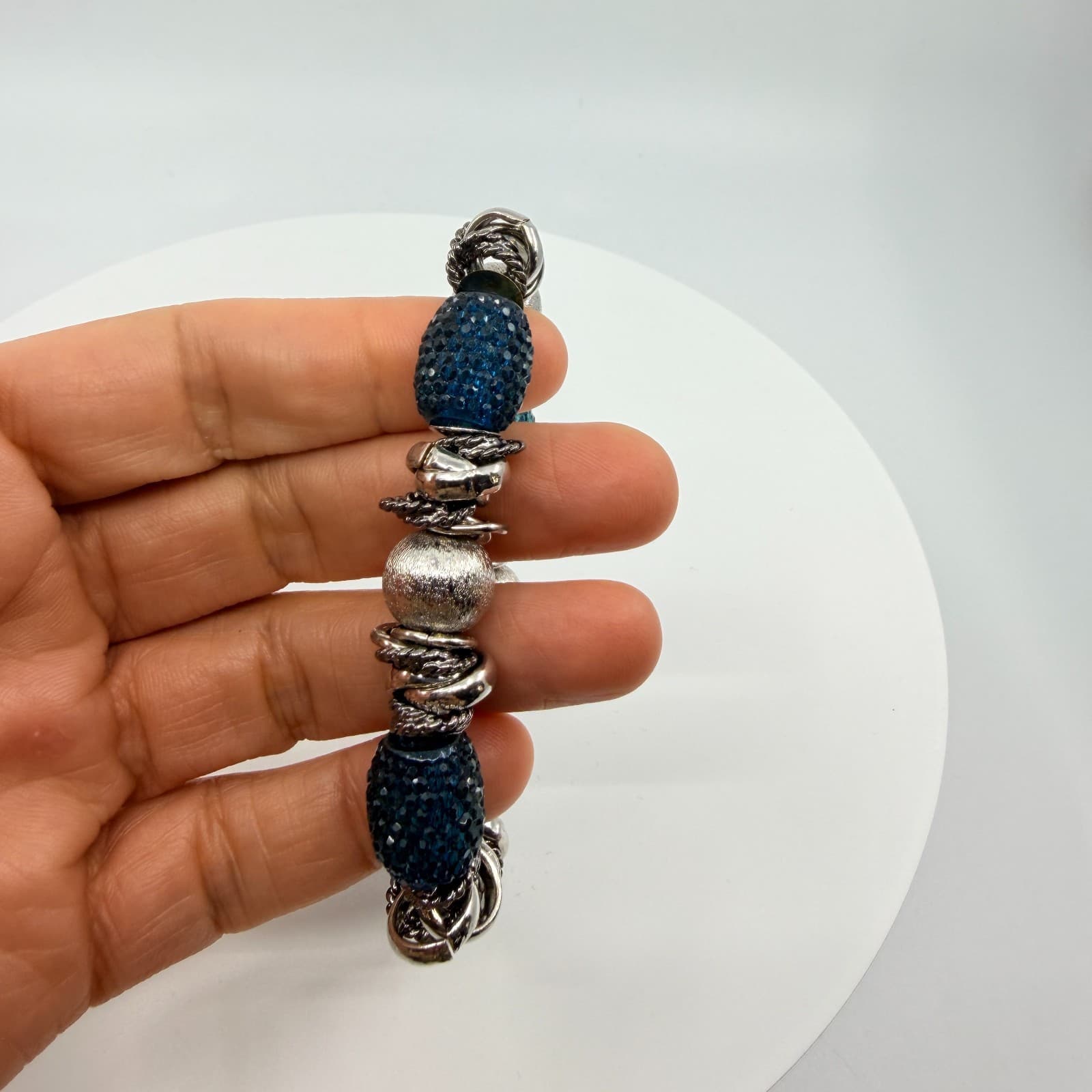 VTG Chunky Silver Tone Blue Crystal Bead Stretch Bracelet Statement Stackable - Thumbnail 7