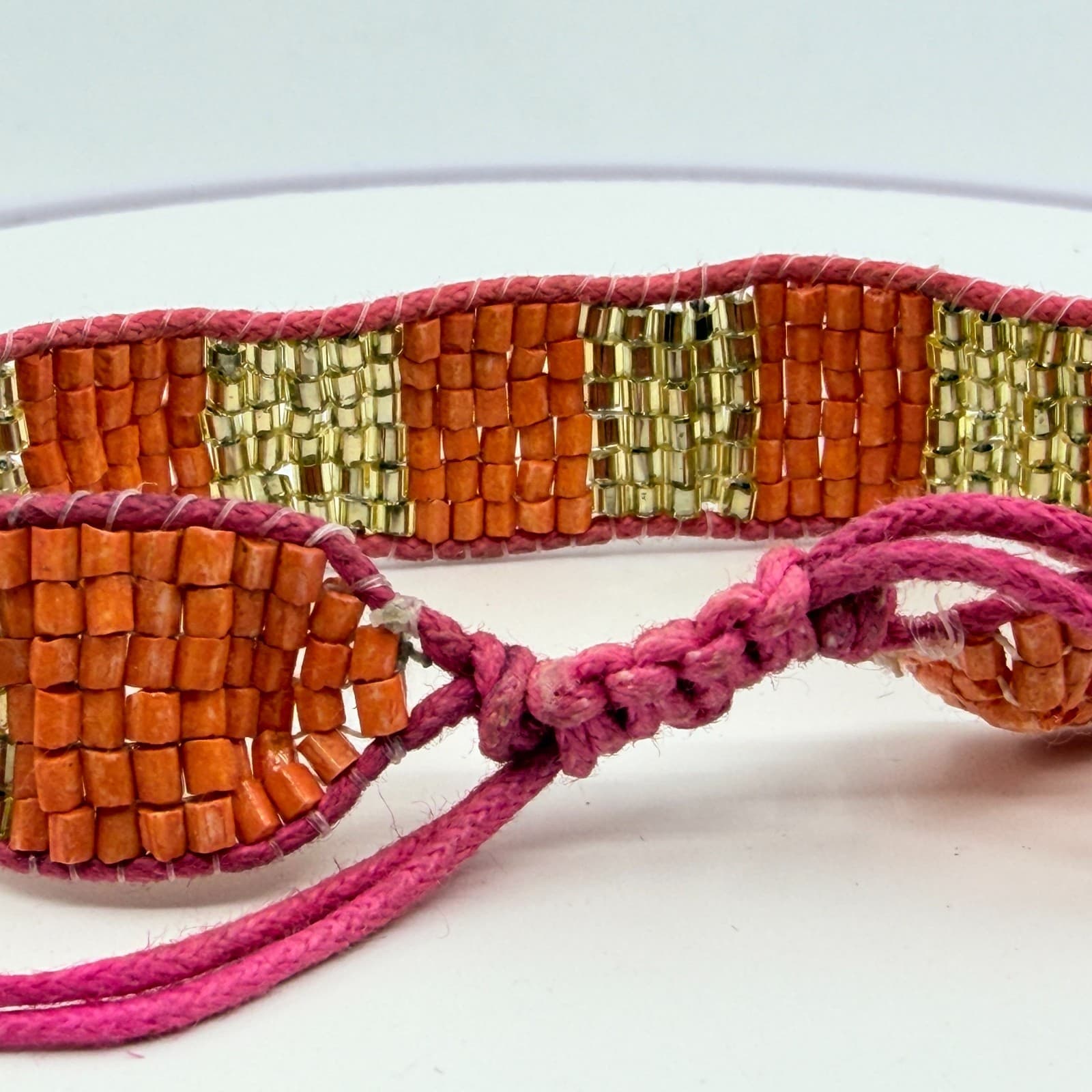 VTG Loom Seed Bead Cuff Bracelet Orange Gold Tone Metallic Pink Adjustable Cord - Thumbnail 6