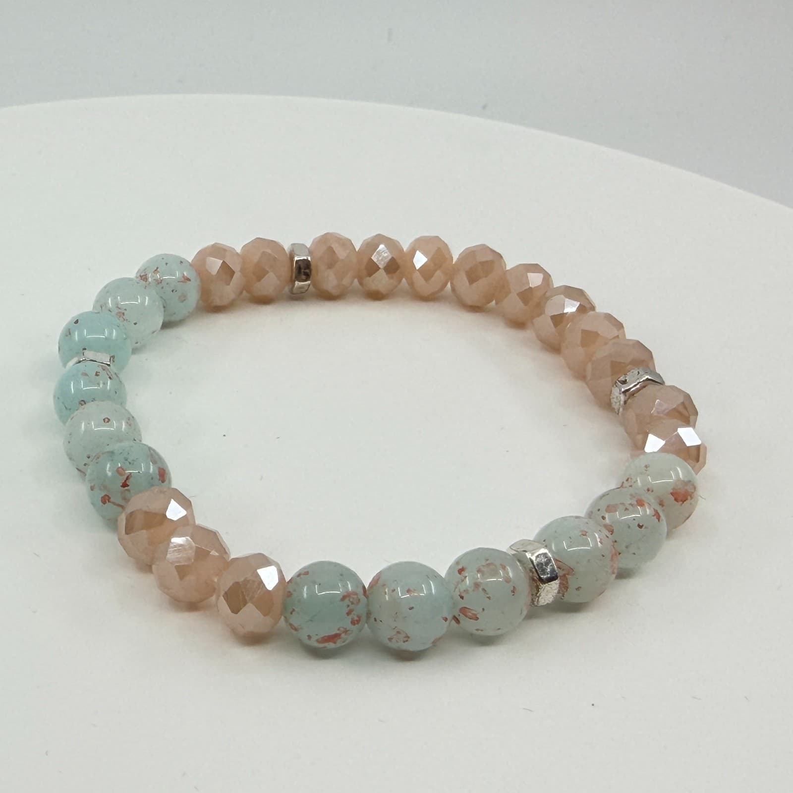 Vintage Y2K Mint Green Speckled Peach Beaded Stretch Bracelet Boho Coastal Style - Thumbnail 7