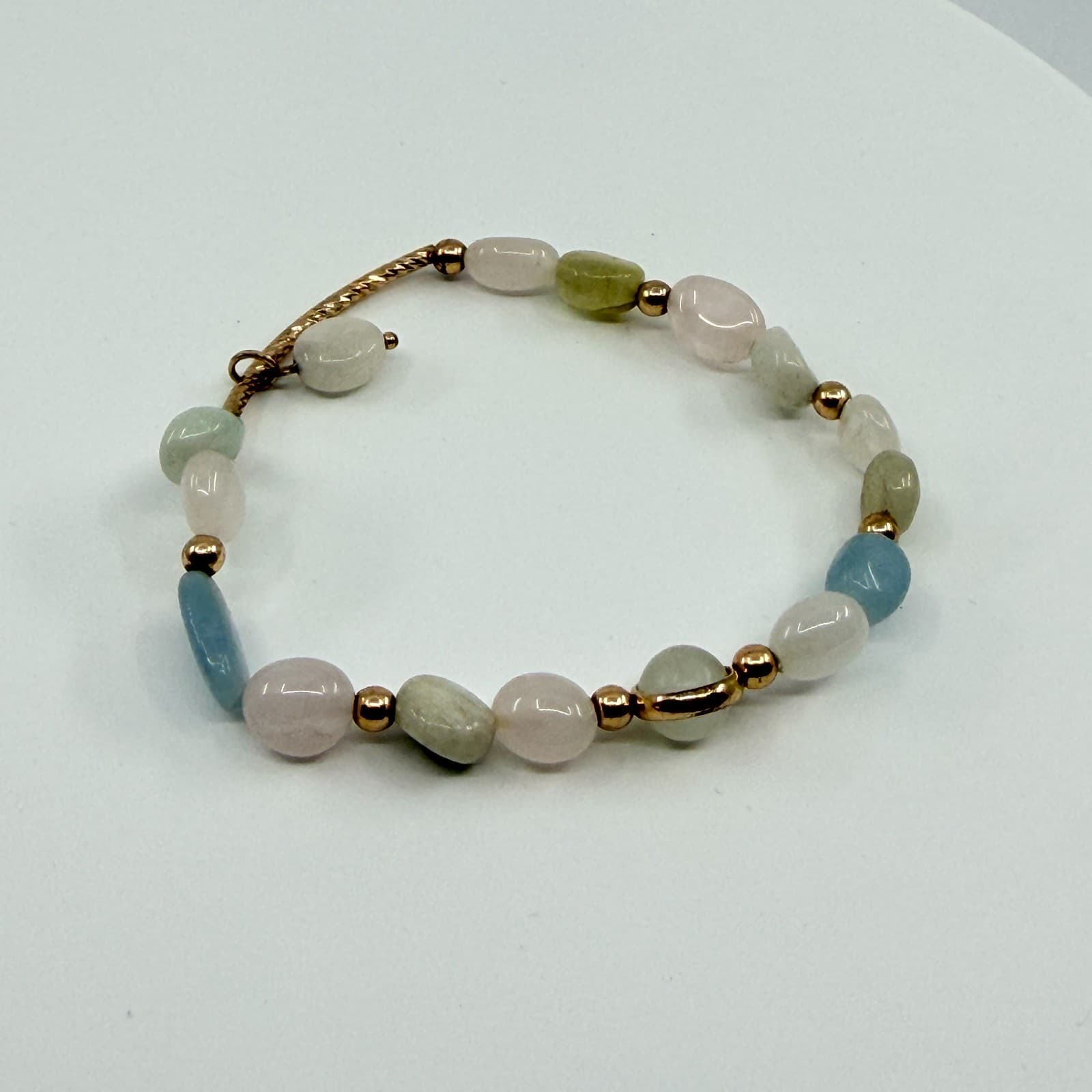 Vintage Pastel Quartz Faux Jade Beaded Bracelet Gold Tone Multi Color Gemstone - Thumbnail 6