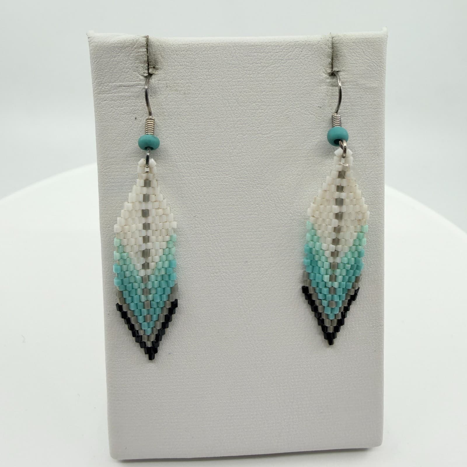 Vintage Southwestern Teal Seed Bead Dangle Earrings Boho Leaf Drop Chevron Retro - Thumbnail 3