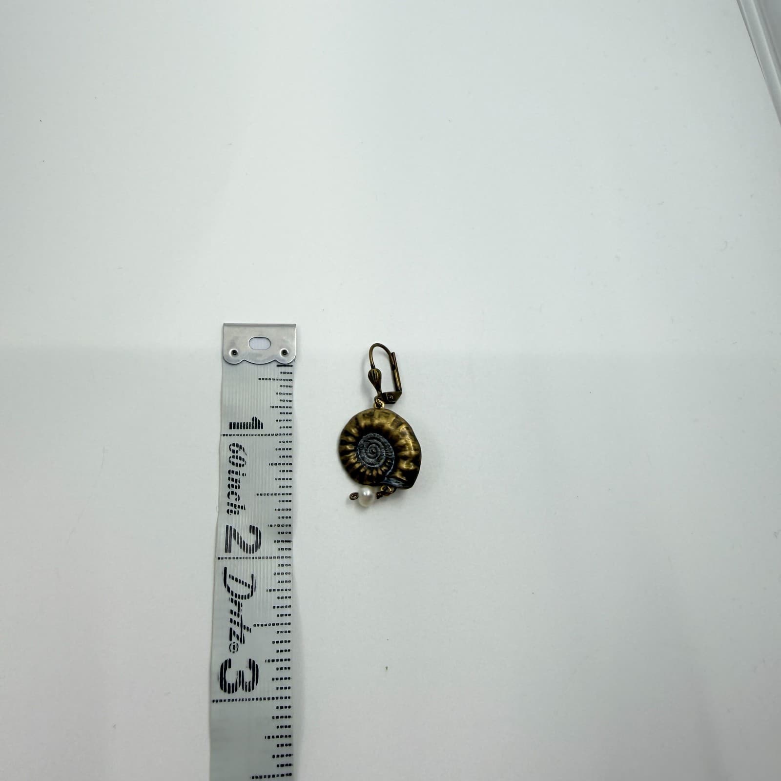 VTG Antique Bronze Tone Ammonite Fossil Shell Dangle Hinged Faux Pearl Earring - Thumbnail 9