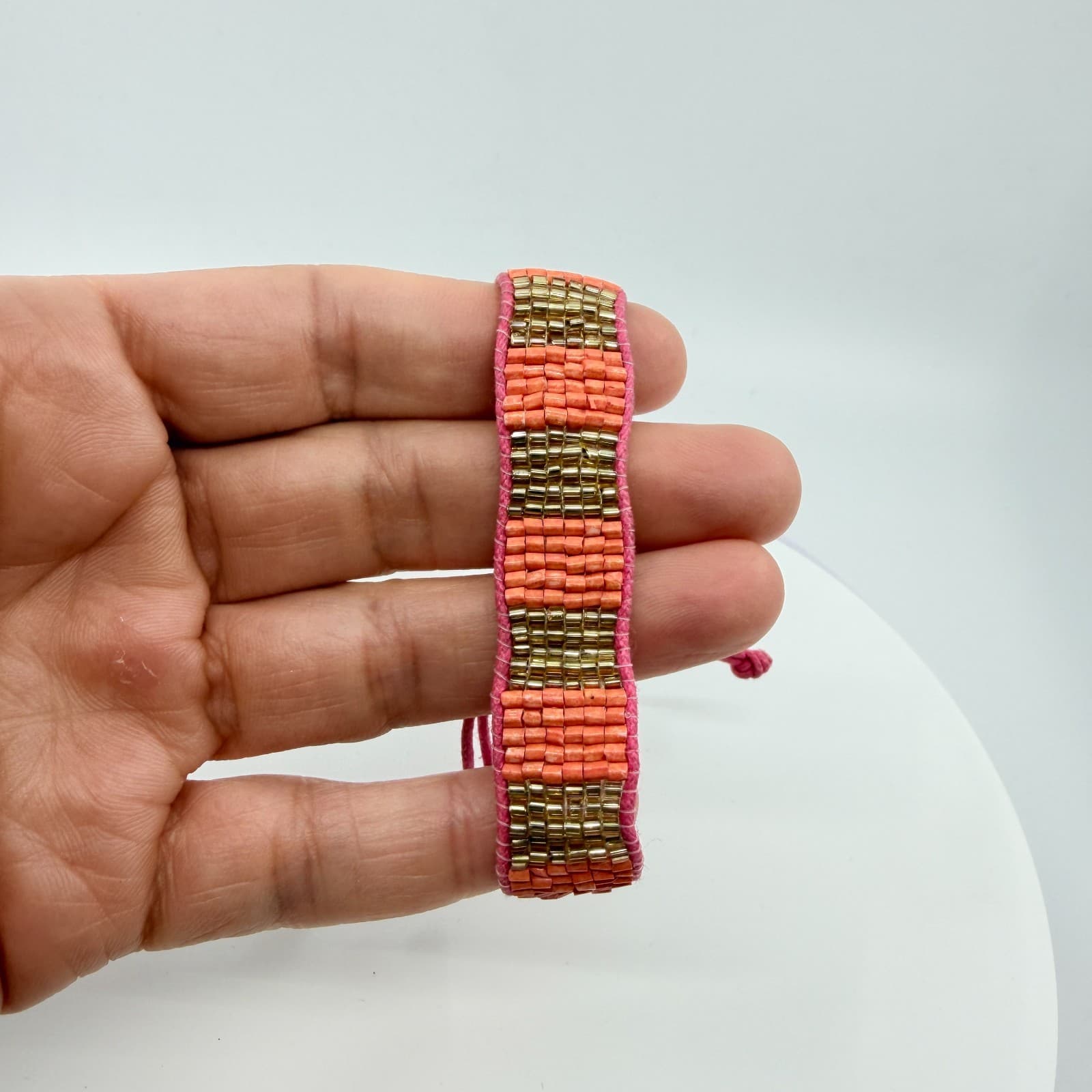 VTG Loom Seed Bead Cuff Bracelet Orange Gold Tone Metallic Pink Adjustable Cord - Thumbnail 7