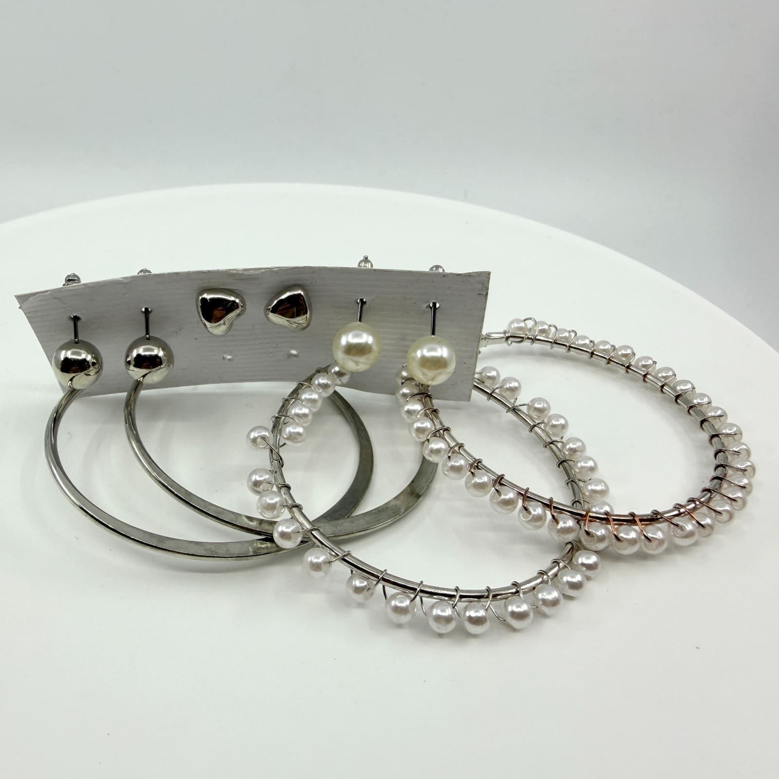 Vintage Y2K Silver Tone Faux Pearl Hoop Stud Earrings Set Multi Pack 4 Pairs - Thumbnail 2