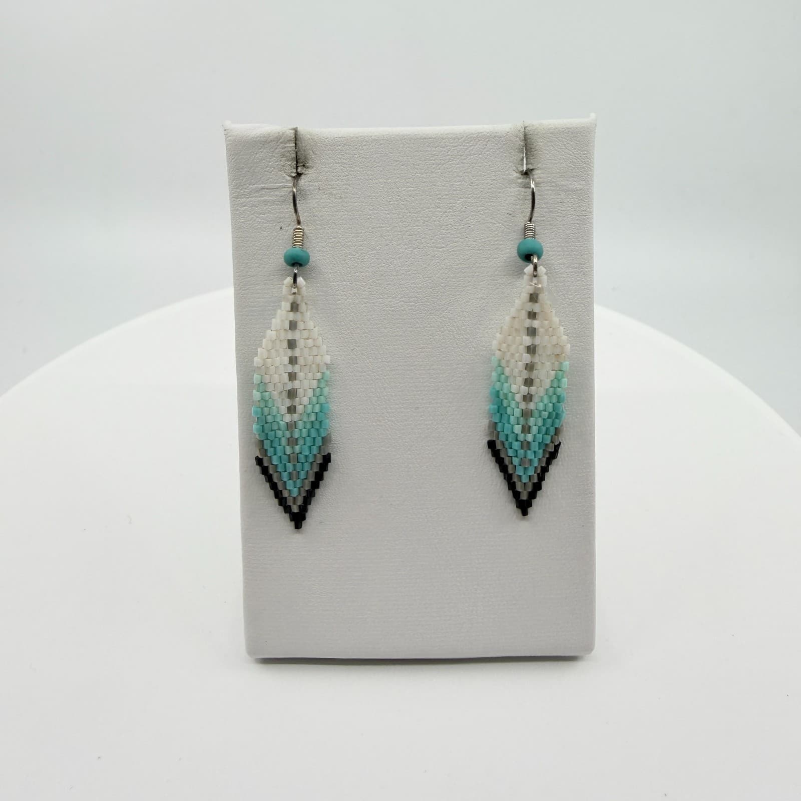 Vintage Southwestern Teal Seed Bead Dangle Earrings Boho Leaf Drop Chevron Retro - Thumbnail 4