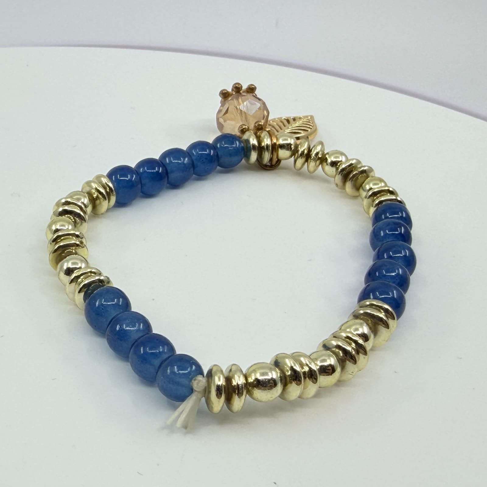VTG Boho Blue Quartz Gold Tone Beaded Stretch Bracelet Cut Glass Leaf Charm - Thumbnail 5