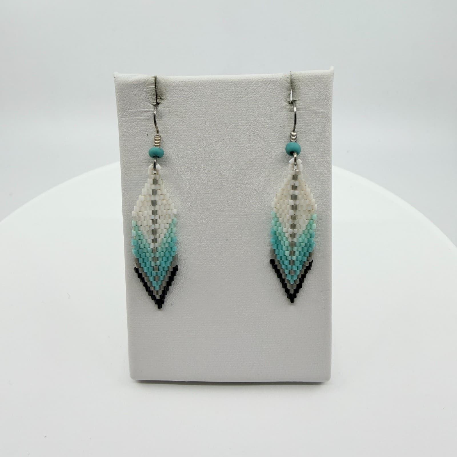 Vintage Southwestern Teal Seed Bead Dangle Earrings Boho Leaf Drop Chevron Retro - Thumbnail 6