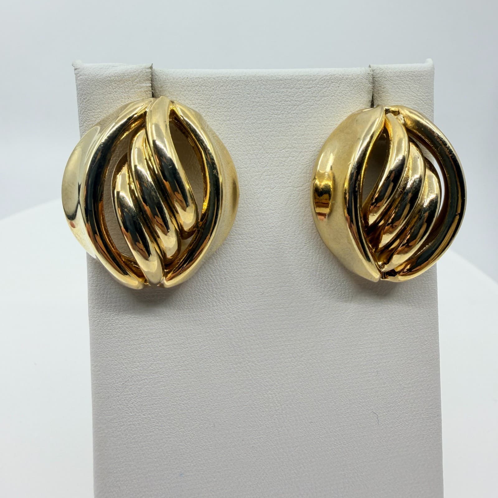 Vintage Retro Gold Tone Chunky Twisted Ribbon Swirl Oval Statement Post Earrings - Thumbnail 3