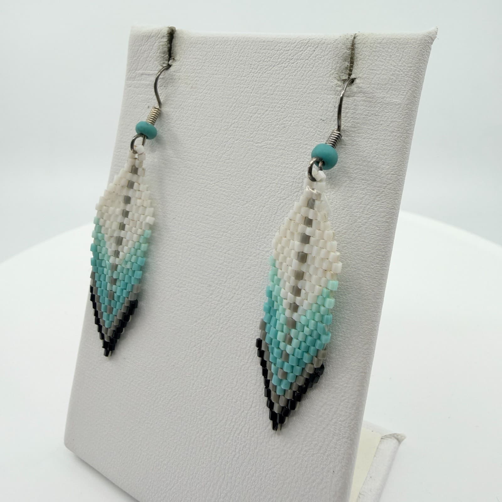 Vintage Southwestern Teal Seed Bead Dangle Earrings Boho Leaf Drop Chevron Retro - Thumbnail 5