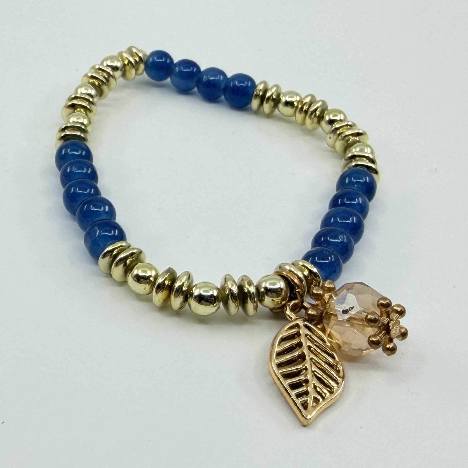 VTG Boho Blue Quartz Gold Tone Beaded Stretch Bracelet Cut Glass Leaf Charm - Thumbnail 4