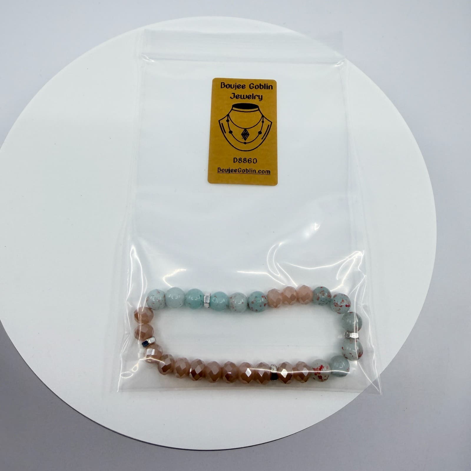 Vintage Y2K Mint Green Speckled Peach Beaded Stretch Bracelet Boho Coastal Style - Thumbnail 10