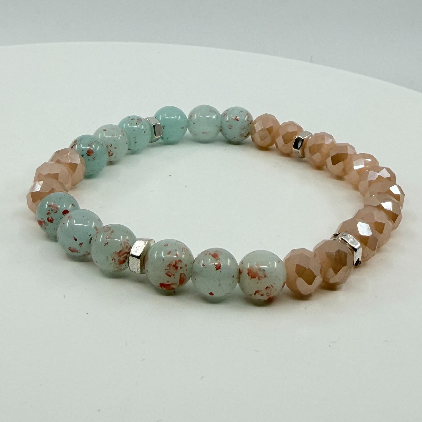 Vintage Y2K Mint Green Speckled Peach Beaded Stretch Bracelet Boho Coastal Style - Thumbnail 4