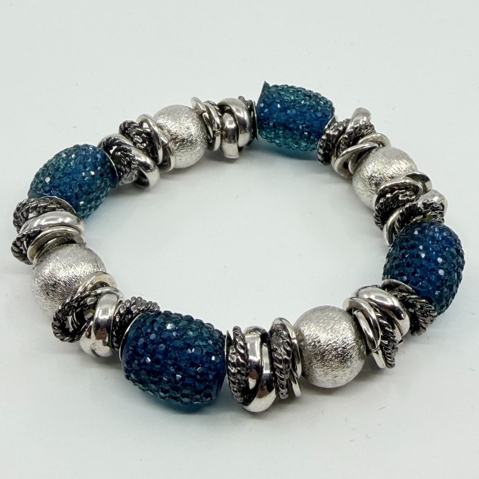 VTG Chunky Silver Tone Blue Crystal Bead Stretch Bracelet Statement Stackable - Thumbnail 4