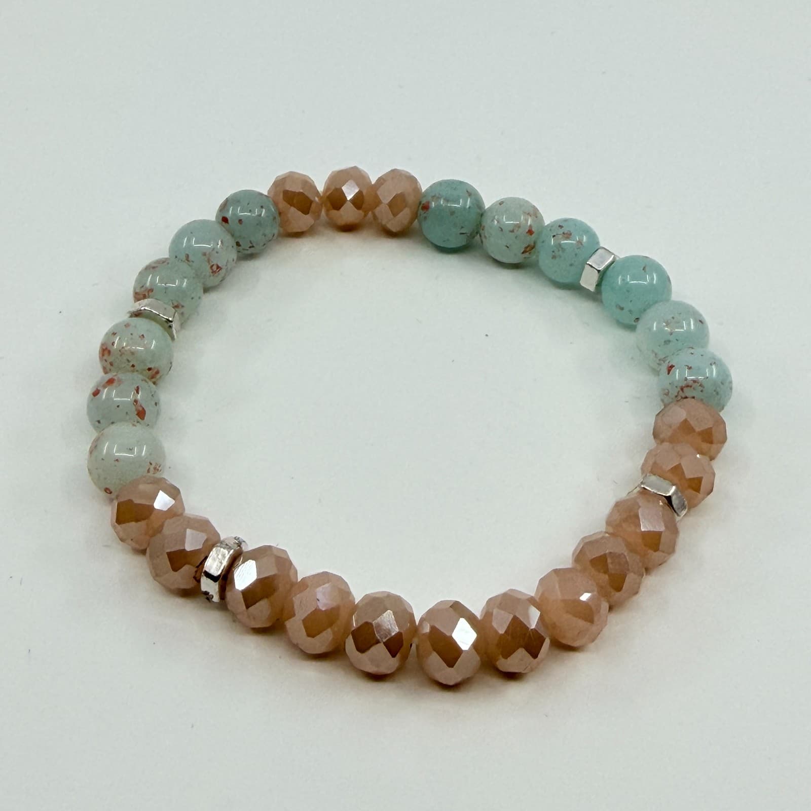 Vintage Y2K Mint Green Speckled Peach Beaded Stretch Bracelet Boho Coastal Style - Thumbnail 3