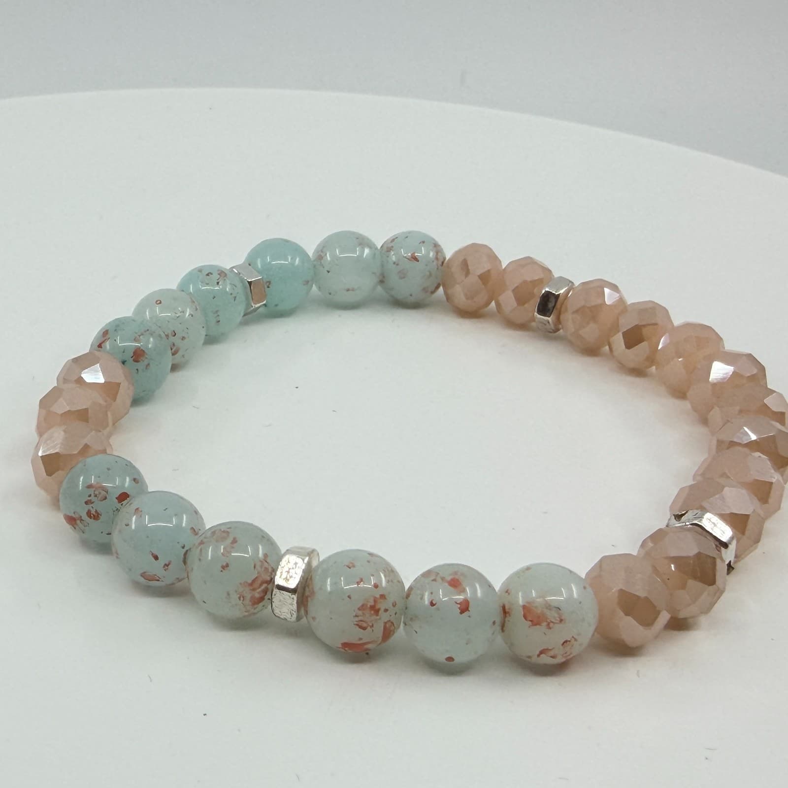 Vintage Y2K Mint Green Speckled Peach Beaded Stretch Bracelet Boho Coastal Style - Thumbnail 6