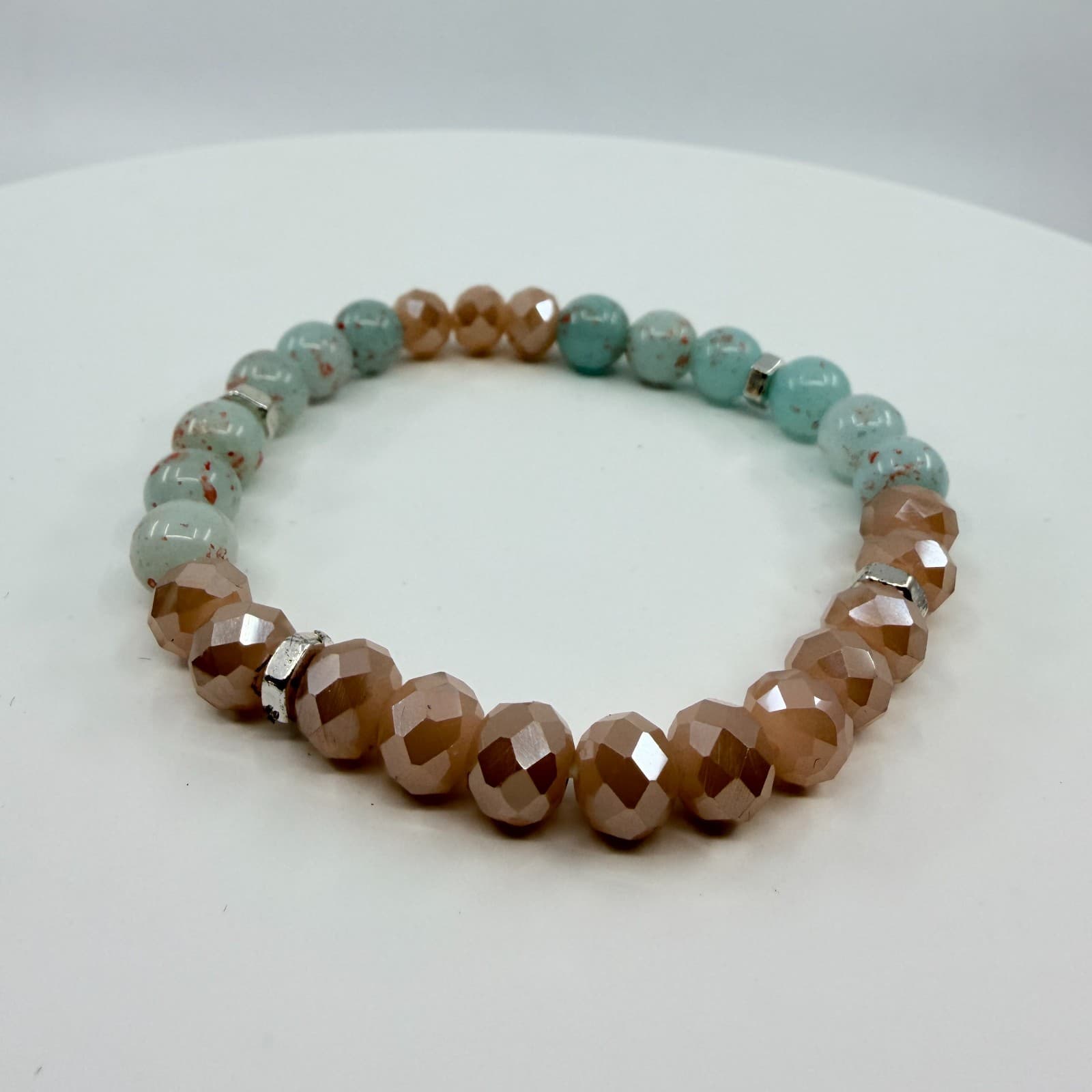Vintage Y2K Mint Green Speckled Peach Beaded Stretch Bracelet Boho Coastal Style - Thumbnail 2