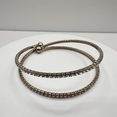 Vintage 90s Silver Tone Clear Glass Double Wrap Bangle Bracelet Women Fashion - Thumbnail 2