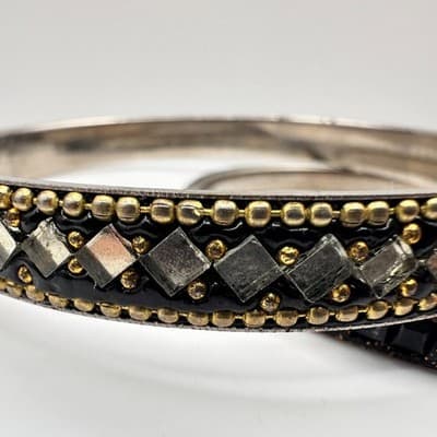 Vintage 90s Black Glass Bangle Bracelet Set Silver Tone Boho Women's Jewelry Y2K - Thumbnail 3