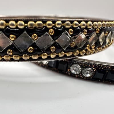 Vintage 90s Black Glass Bangle Bracelet Set Silver Tone Boho Women's Jewelry Y2K - Thumbnail 4
