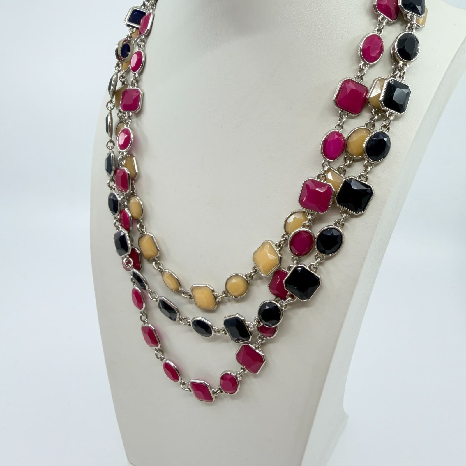 VTG Ann Taylor Multi-Strand Statement Necklace Resin Geo Links Magenta Black - Thumbnail 5