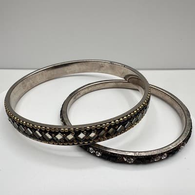 Vintage 90s Black Glass Bangle Bracelet Set Silver Tone Boho Women's Jewelry Y2K - Thumbnail 6