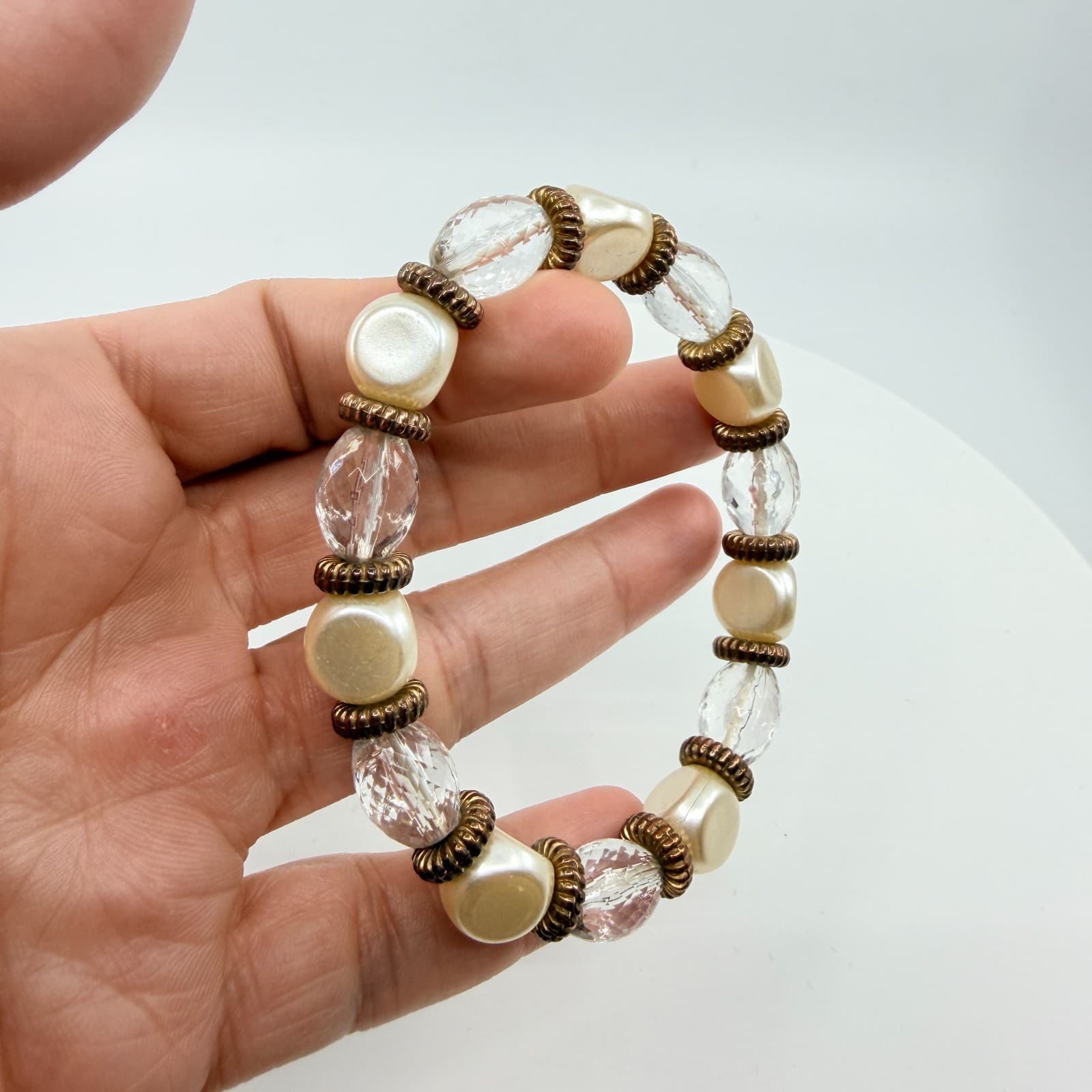 Vintage Faux Pearl Clear Faceted Lucite Bead Stretch Bracelet Boho Stackable - Thumbnail 8