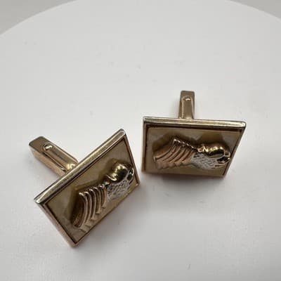 Vintage 80s Gold Tone Cream Rectangular Cufflinks Military Chevron Design Retro - Thumbnail 5