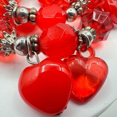Vintage 90s Red Heart Beaded Charm Bracelet Set Boho Women's Jewelry - Thumbnail 6