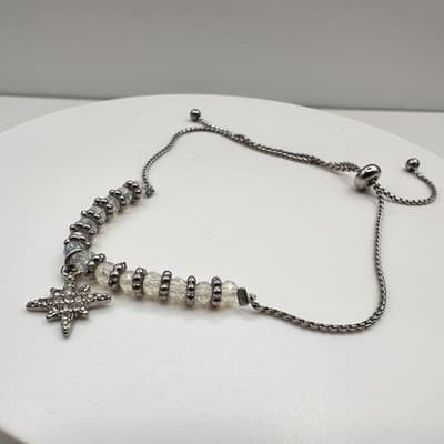 Vintage 80s Adjustable Silver Tone Star Beaded Bono Bracelet Jewelry Statement - Thumbnail 5