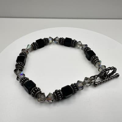 Vintage 90s Black Cube Beaded Bracelet Iridescent Glass Silver Tone Toggle Boho - Thumbnail 5